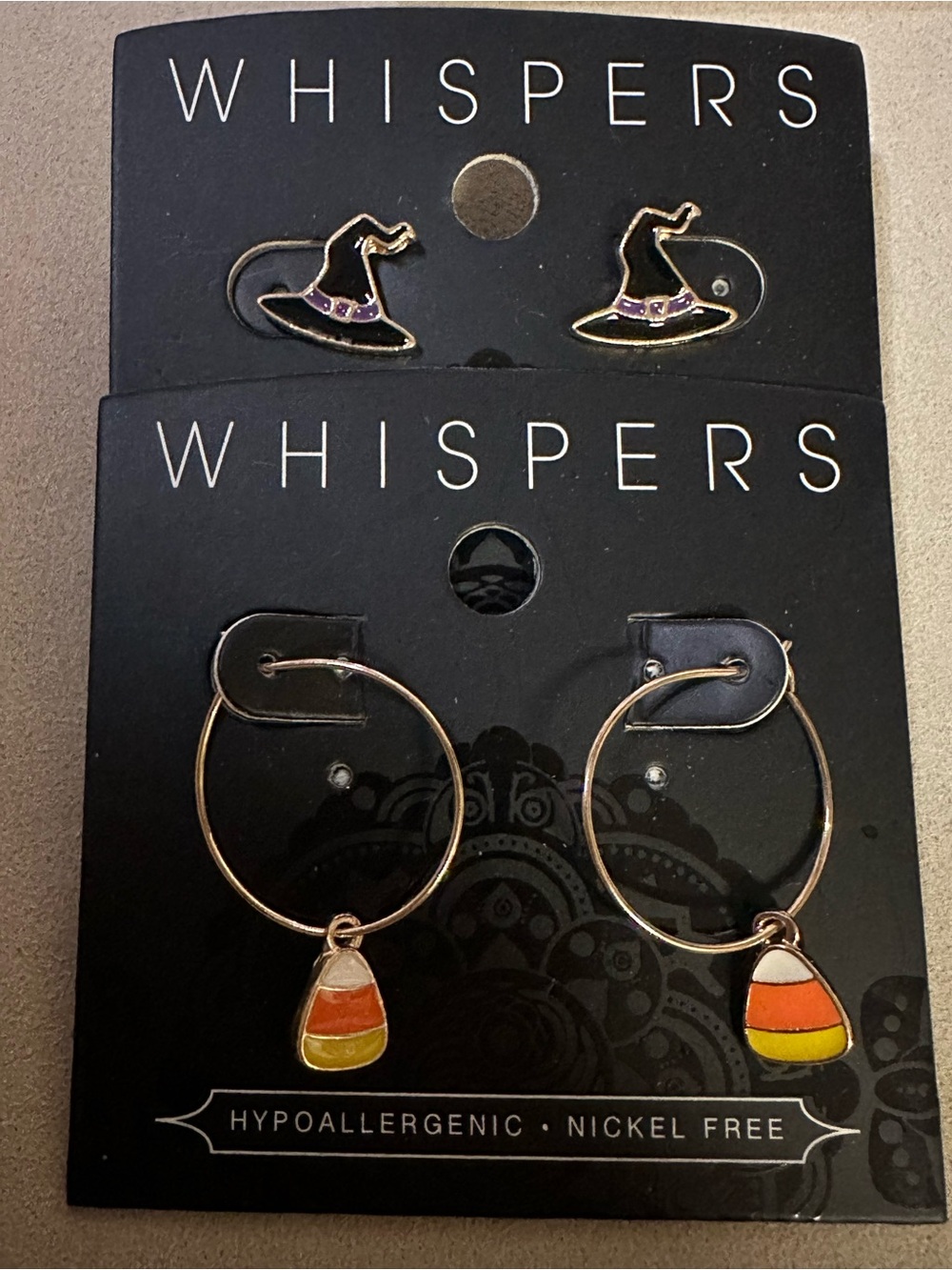 Whispers Gold-Tone Halloween Candy Corn Hoop & Witch Hat Stud Earring Set